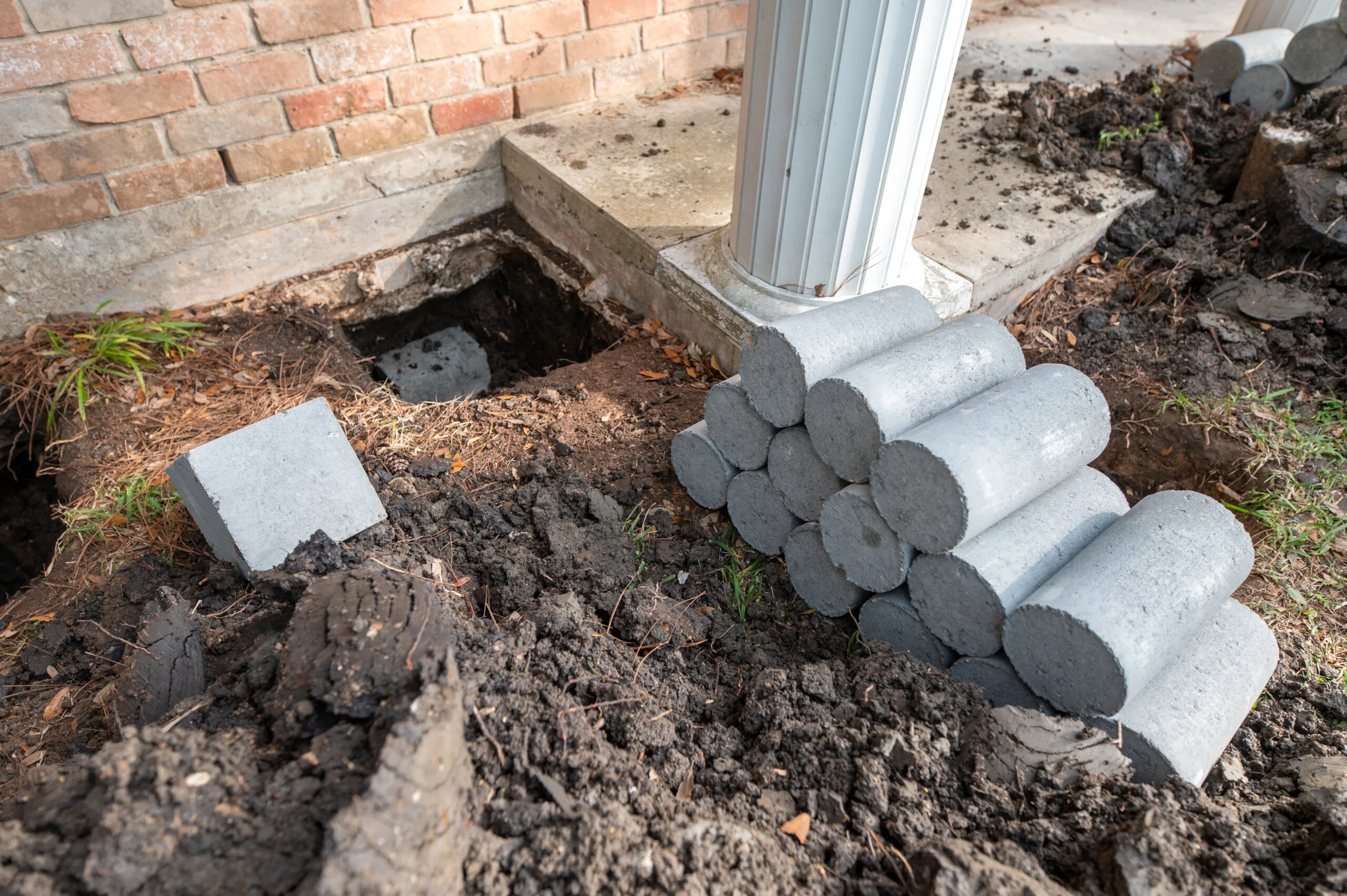 Concrete pilings stacked beside a porch foundation
