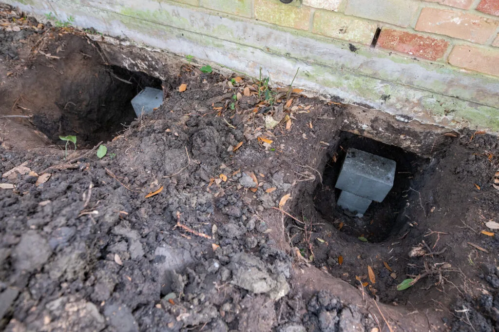 Foundation pier in an excavation beside a brick wall