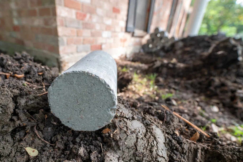 Concrete piling cylinder beside a brick foundation