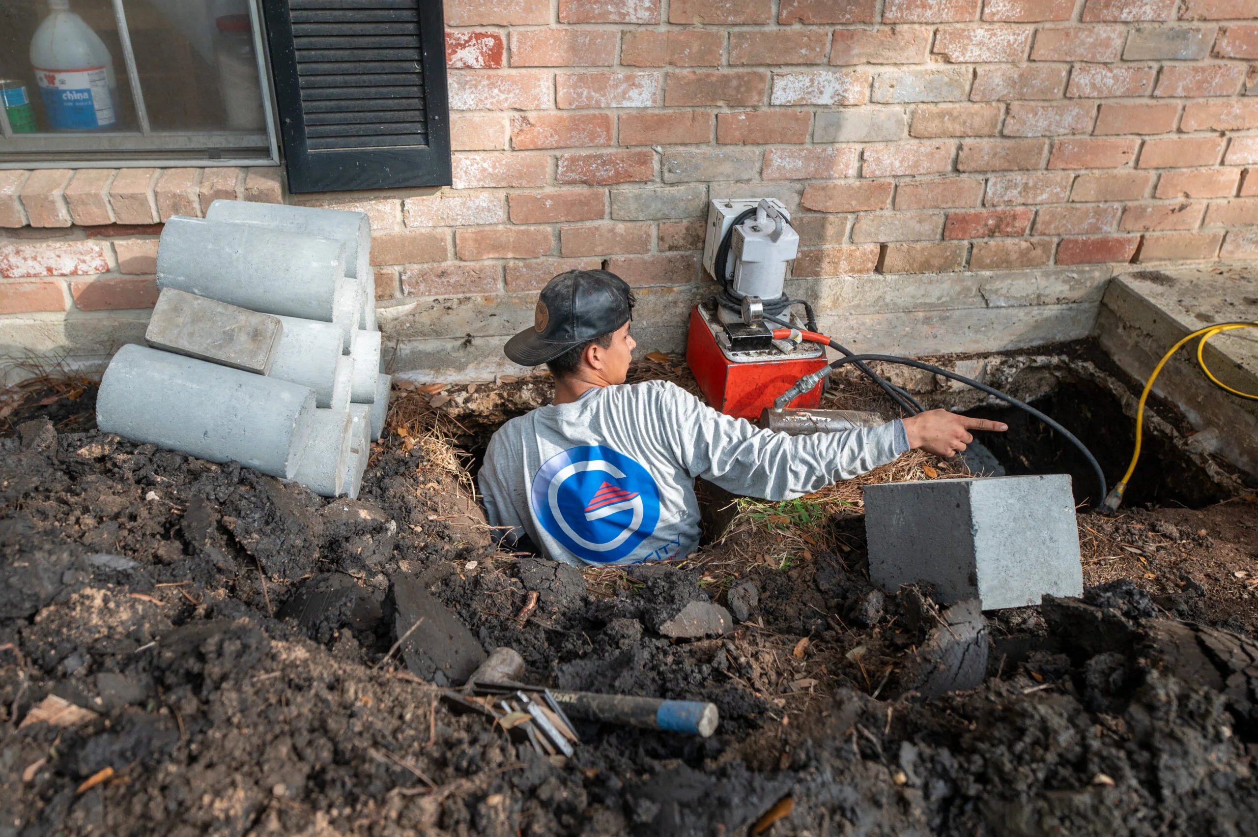 Foundation worker operating hydraulic equipment beside a brick home