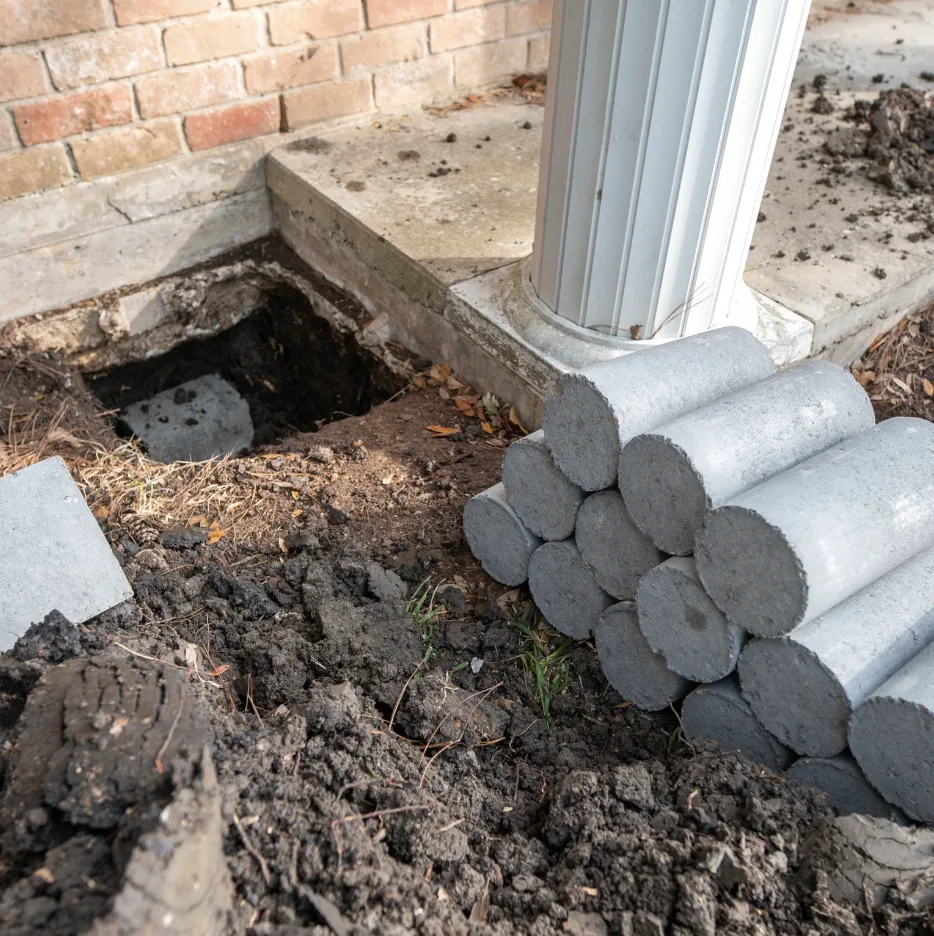 Concrete pilings stacked beside a foundation excavation