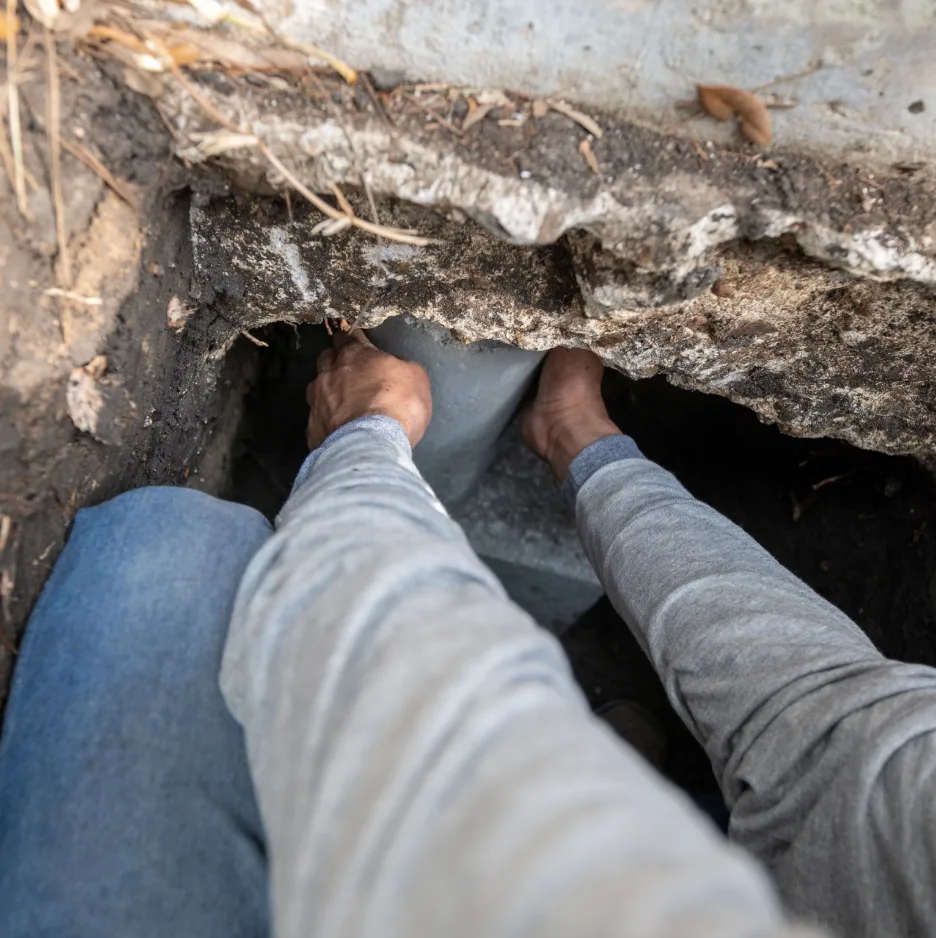 Worker reaching beneath a concrete foundation slab