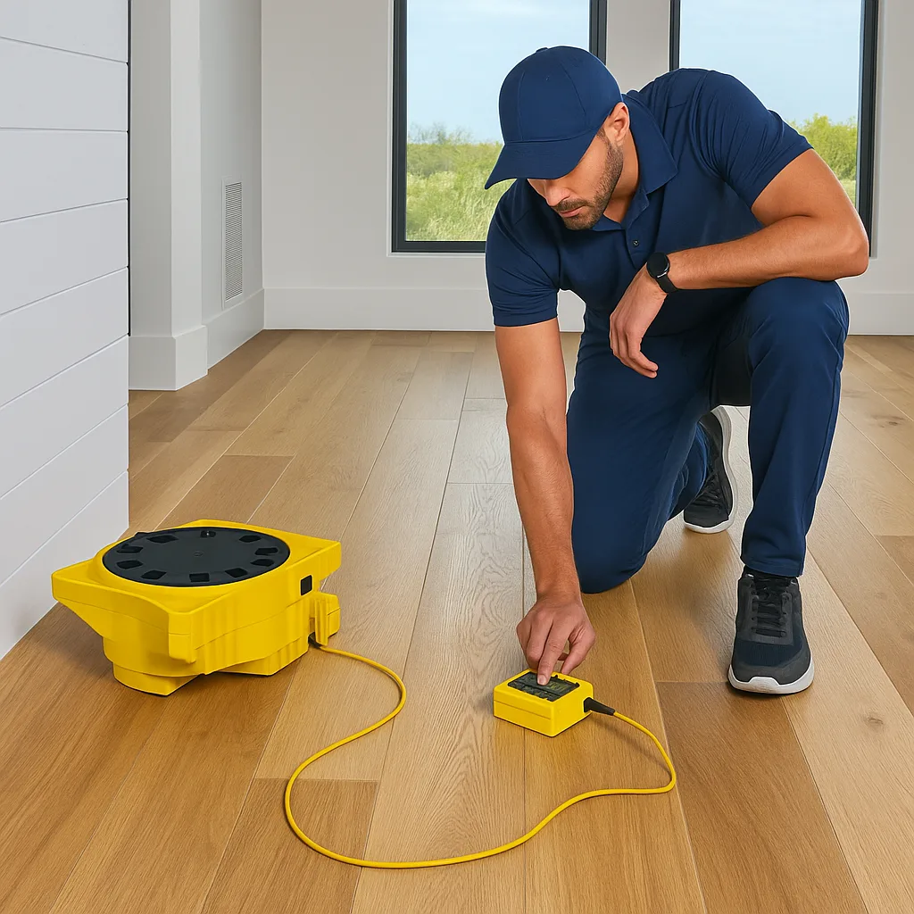 Technician measuring the level of a wood floor