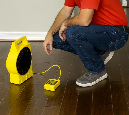 Technician checking the level of a wood floor