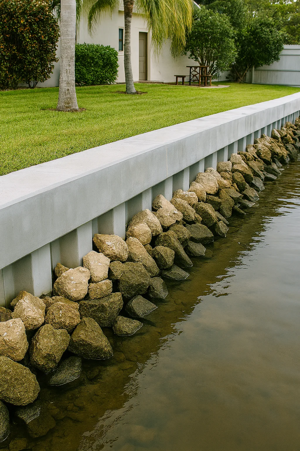 Landscaped seawall with a rock shoreline