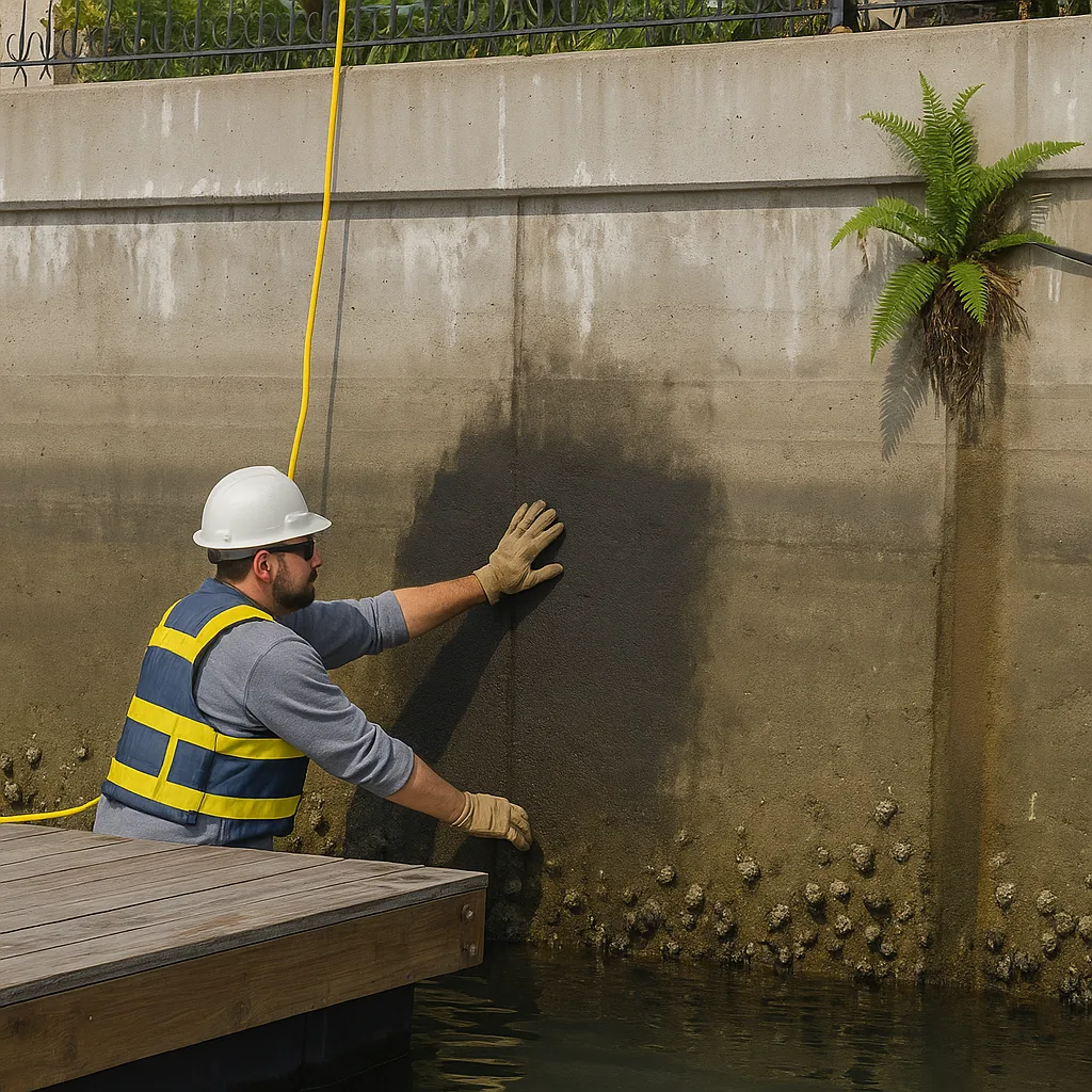 Inspector examining a concrete seawall