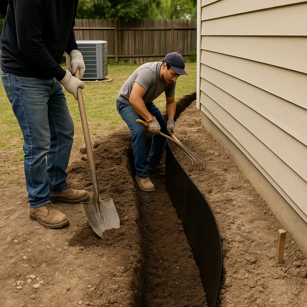Workers digging a narrow trench beside a house