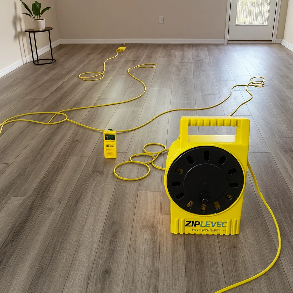 Floor leveling equipment set up in an empty room